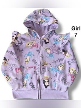 Disney Princess Purple Full Zip Hoodie with Ruffled Shoulders Size 7.